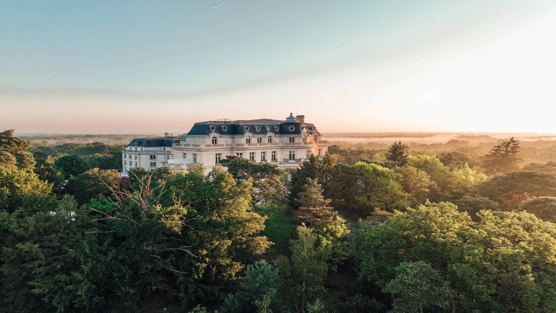 Château façade surrounded by the Chantilly forest, with a pink sky and mist over the canopy.