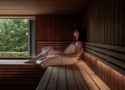 Grand sauna tout en bois, avec vue sur les sapins et les bosquets fleuris, en présence d’une personne enveloppée dans une grande serviette blanche.