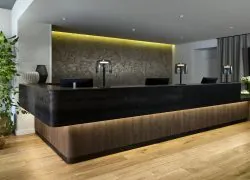 réception de l'hôtel séminaire avec très large comptoir en deux éléments, un bloc noir posé sur un bloc support en bois foncé légèrement décalé du premier, mur tapissé en fond, blanc dans le reste de la pièce, plantes et écran tv