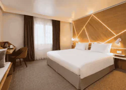 Chambre d'hôtel pour hébergement groupe, avec un grand lit double à droite au premier plan, une tête de lit en bois avec des lignes géométriques lumineuses sur le mur, un bureau avec chaise et plateau de courtoisie à gauche, et une fenêtre avec voilage et rideaux foncés en arrière-plan sur une moquette grise.