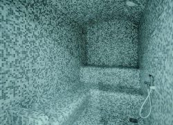 Hammam d’hôtel aménagé dans une pièce entièrement recouverte de petits carreaux de mosaïque carrés aux nuances de turquoise, de bleu pâle, de gris et de vert foncé. Les murs, le plafond voûté, le sol et les banquettes intégrées sont décorés d’un motif géométrique dense en mosaïque. Une longue banquette incurvée longe le mur de gauche et se prolonge vers le fond, tandis que des assises carrelées surélevées offrent un espace de détente. À droite, une douchette à main avec un flexible est fixée au mur carrelé, et une évacuation d’eau est visible au sol. L’éclairage doux aux tonalités froides et l’aménagement fermé créent une atmosphère paisible et intimiste, propice à la relaxation et au bien-être.