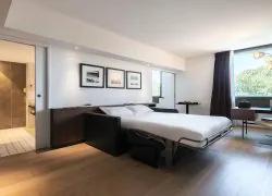 View of the hotel suite featuring a sofa bed prepared for sleeping, a desk positioned by the window overlooking the greenery, and a bathroom equipped with bathrobes.